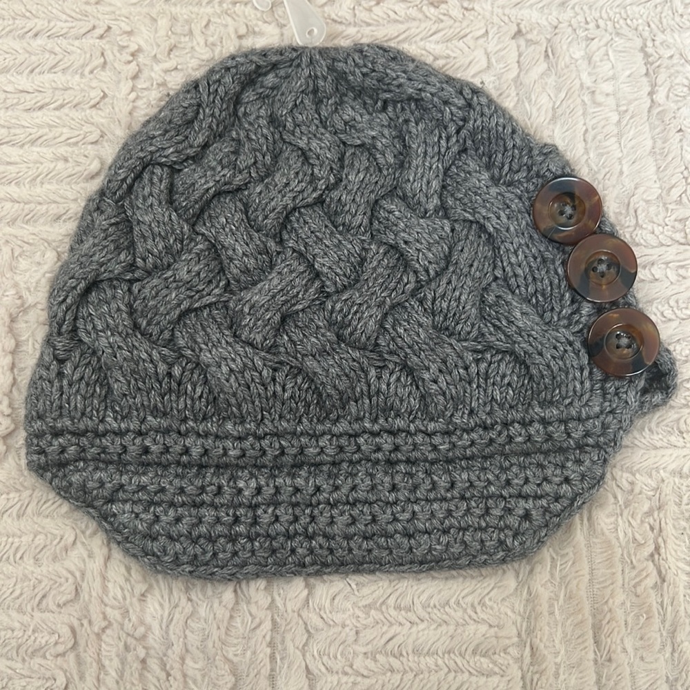 J. Crew wool blend grey cable knit winter hat, bibbed button detail, NWT